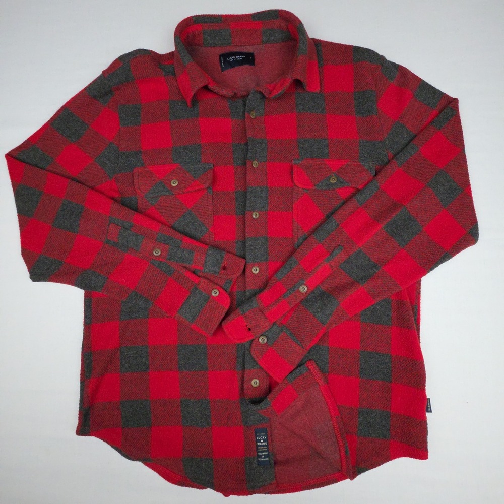 Lucky Brand Buffalo Plaid Faux Flannel Button Down Mens Small Red Poly Shirt